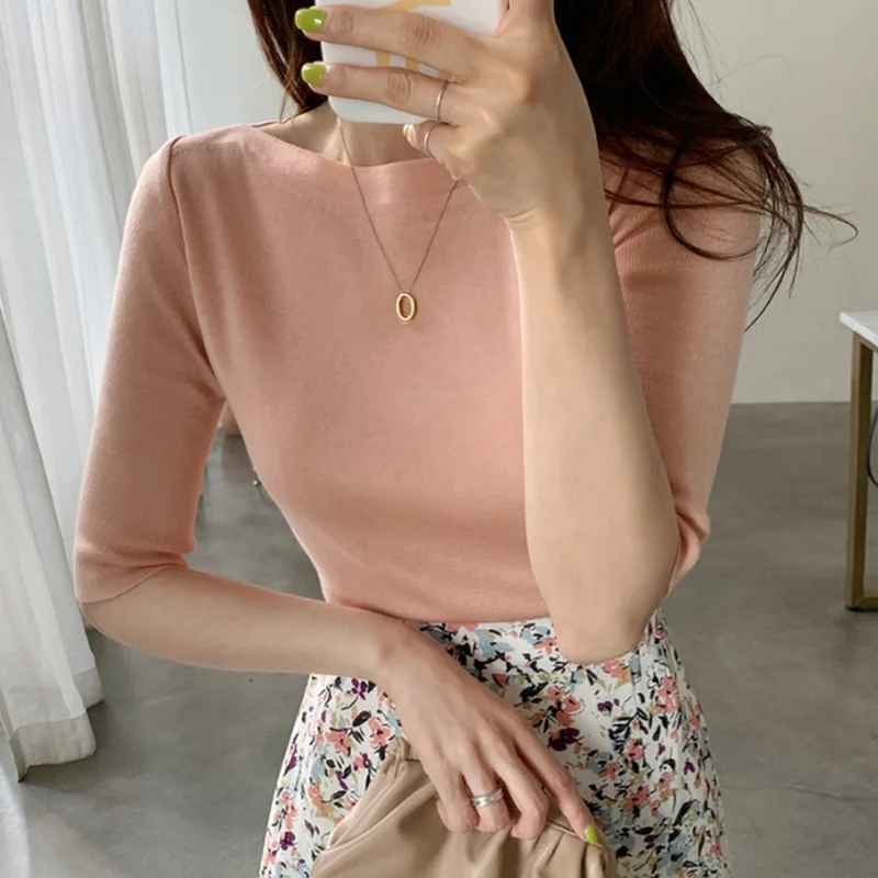 

Chic Spring Simple Elegance round Ne Overhead Design Loose Versatile Color ort Sve Knitted T-irt Korean Sle