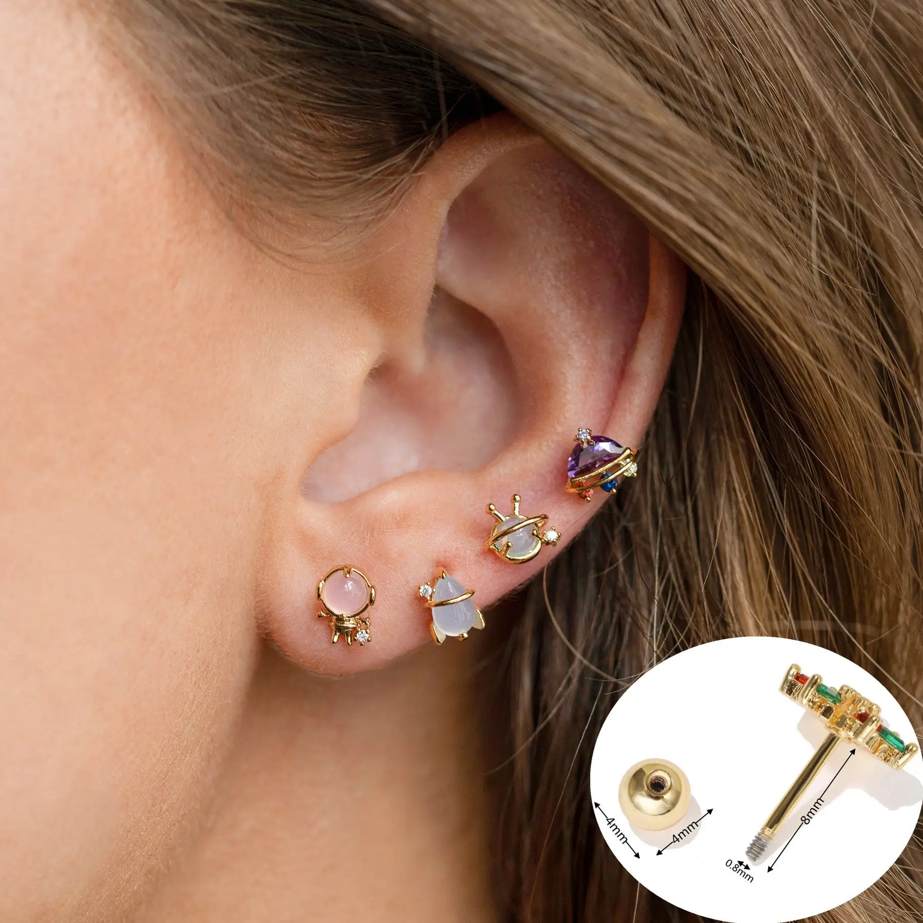 1PC Ins Space Universe Rocket UFO Alien Spaceman Zircon Cartilage Tragus Stud Earrings For Women Girl Female Jewelry