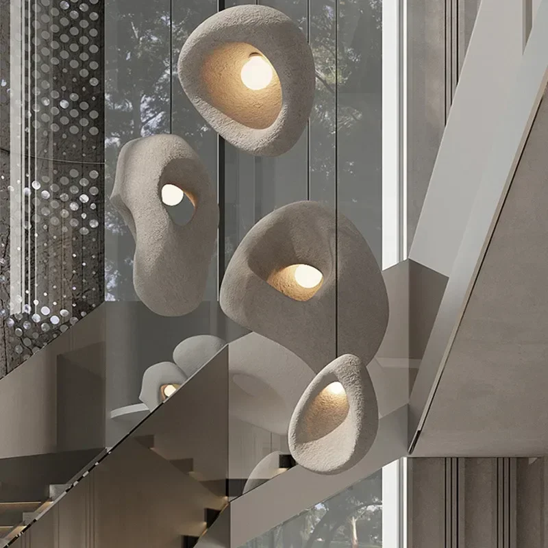 Nordic Villa Stair Wabi-sabi Style Pendant Chandelier Irregular Resin E27 Pendant Lights Staircase