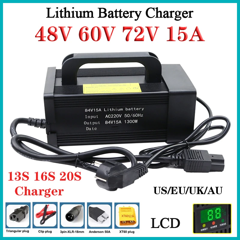 

48V 60V 72V 15A Lithium Battery Charger LCD For13S 16S 20S 54.6V 67.2V 84V E-motorcycle Li-ion Cell Fast Charging Aluminum shell