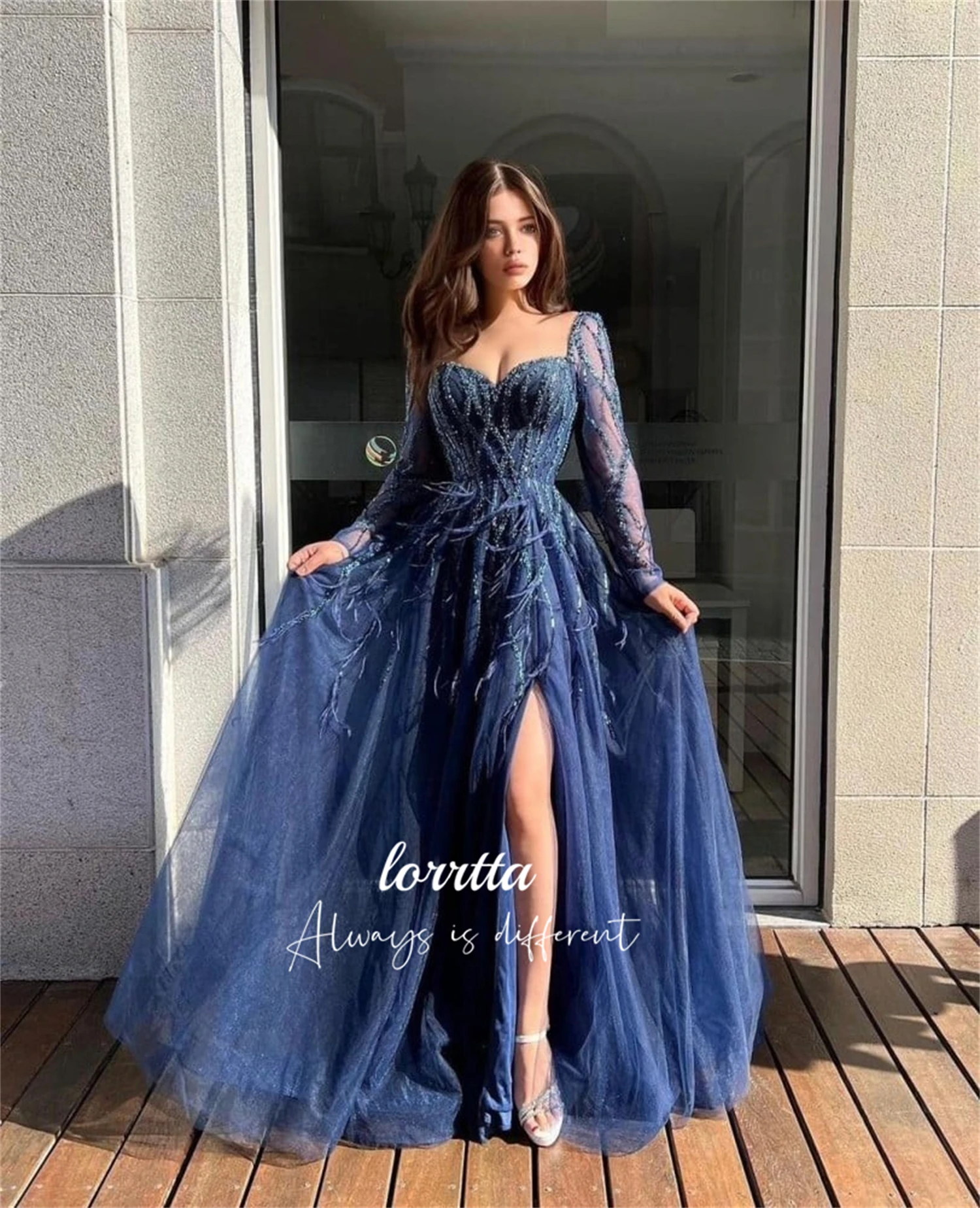 Glitter Decoration Feather Graduation Gown Navy Blue Evening Dress Luxurious Grace Customized Womens Dresses Women's Elegant