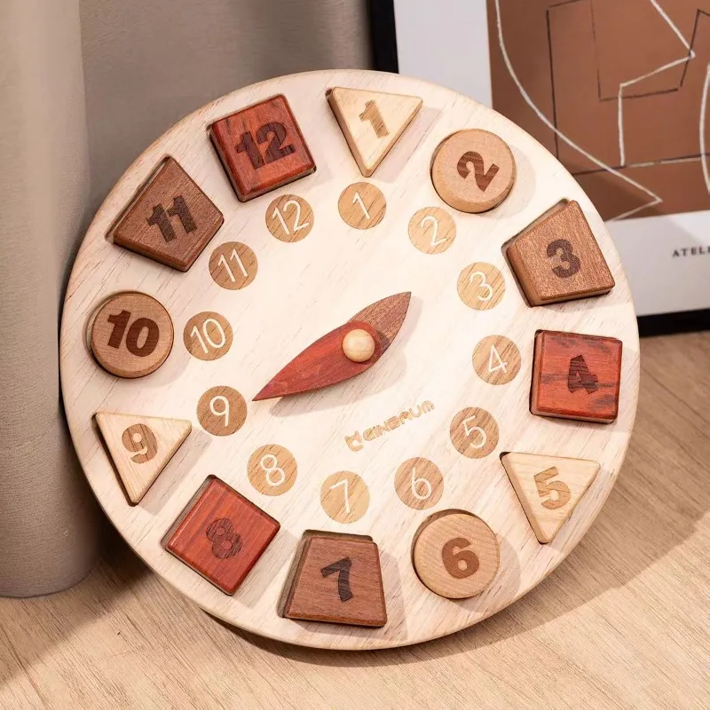 Solid Wood Clock Educational Games Children Clock Toys Digital Building Block Shape Kids Clocks Enlightenment Learning Clocks