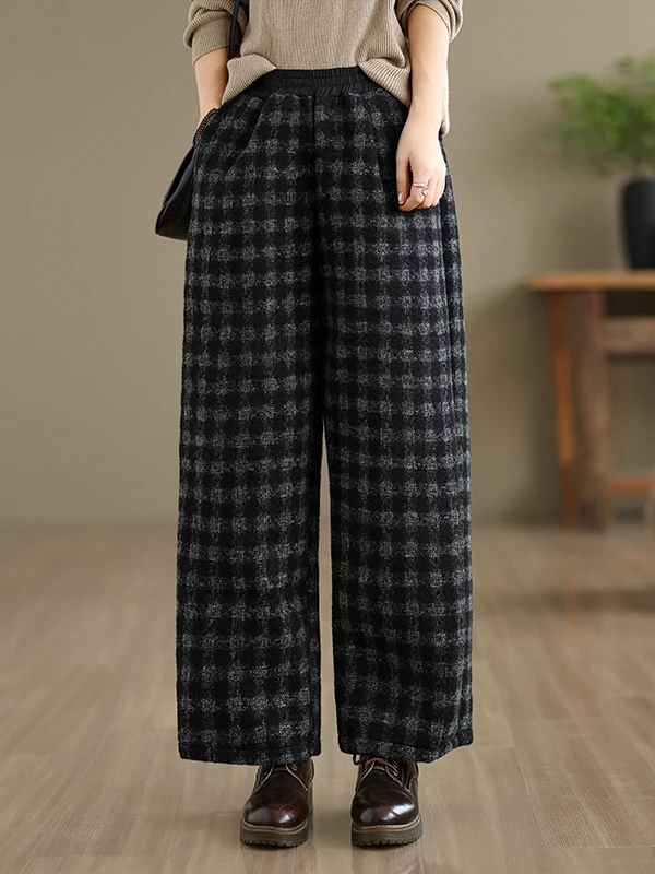 الرجعية بنطال ذو قصة أرجل واسعة الصوفية تويد الخريف الشتاء Faion عادية منقوشة Bellovi المرأة حجم كبير بنطلون في Sle #2
