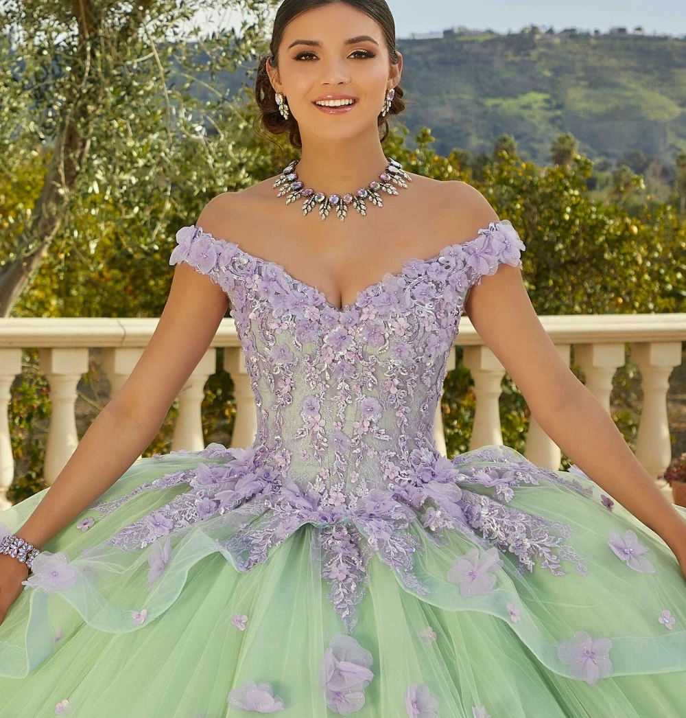 EVLAST-Vestido Quinceanera com flores 3D, vestido de baile azul, Beading Applique, Tule Glitter, Sweet 16, TQD106, 3D