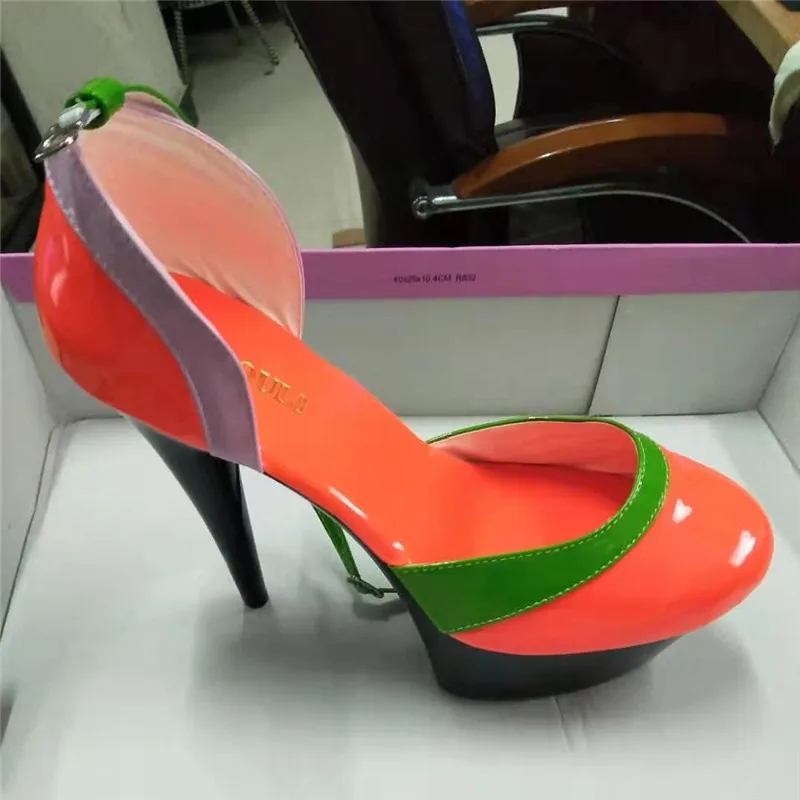 

Hand Made Color Block 6 Inch High Heel Shoes 15cm Lady Party Heels Strappy Exotic Shoes Multi Colored Sexy Clubbing dance shoes