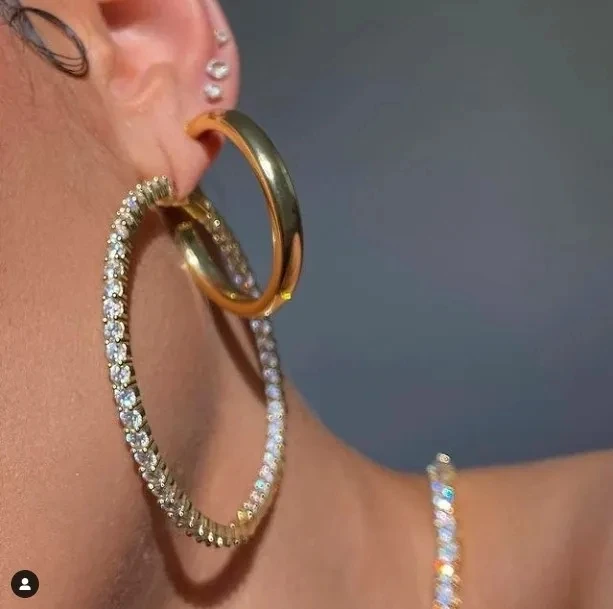 Rainbow Cz Hoops Earrings 60mm Hoop Round Dangle Earring Jewelry Women Crystal Cz Diamante Rhinestone Large Hip Hop Earring