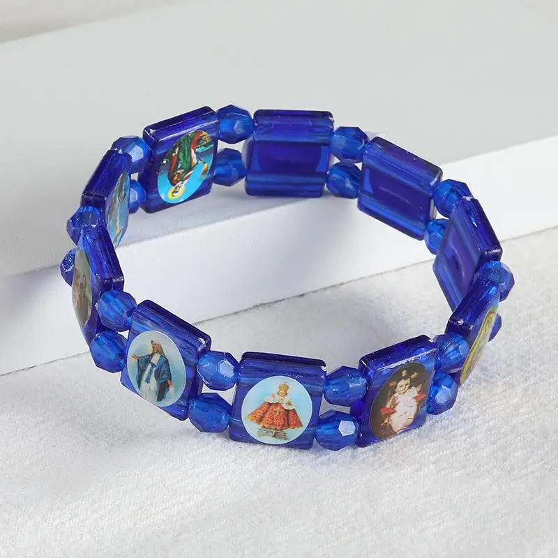 Vintage  And  Mary PVC Rosary Bead Bracelet With Elastic Band Religious Image Stickers For Daily Wear Parties