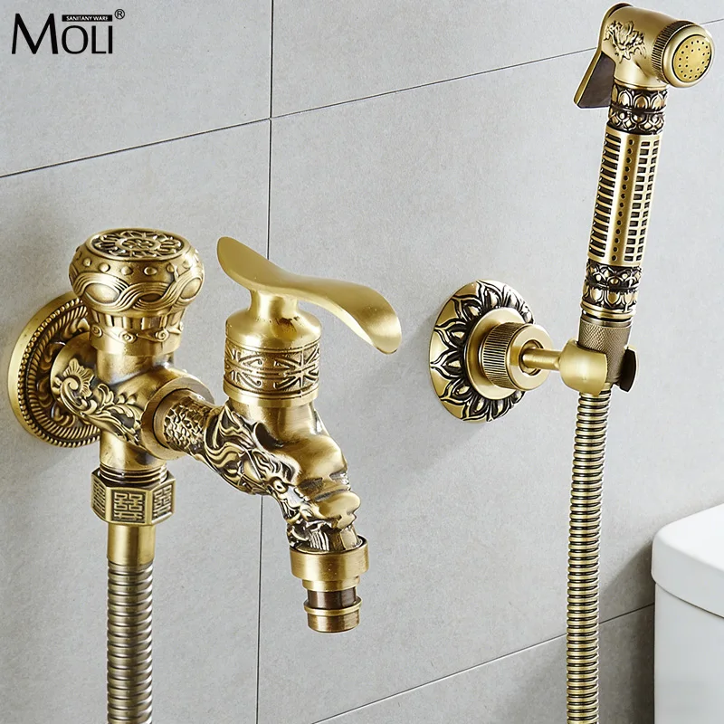 

Bathroom Bidet Brass Antique Jacuzz Shower Bidet Cold Water Toilet Taps With Spray Gun Outdoor Washing Machine Faucet ML1023