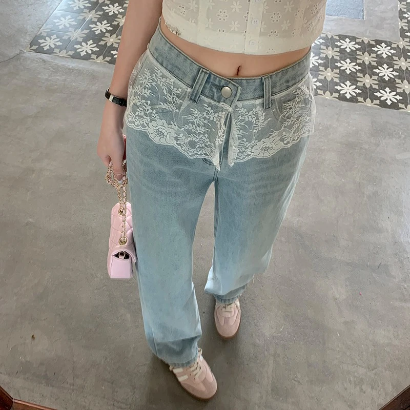 2025 Spring New Lace Patchwork Fake Two-Piece Jeans for Women, Light Washed Wide-Leg Loose Floor-Length Pants