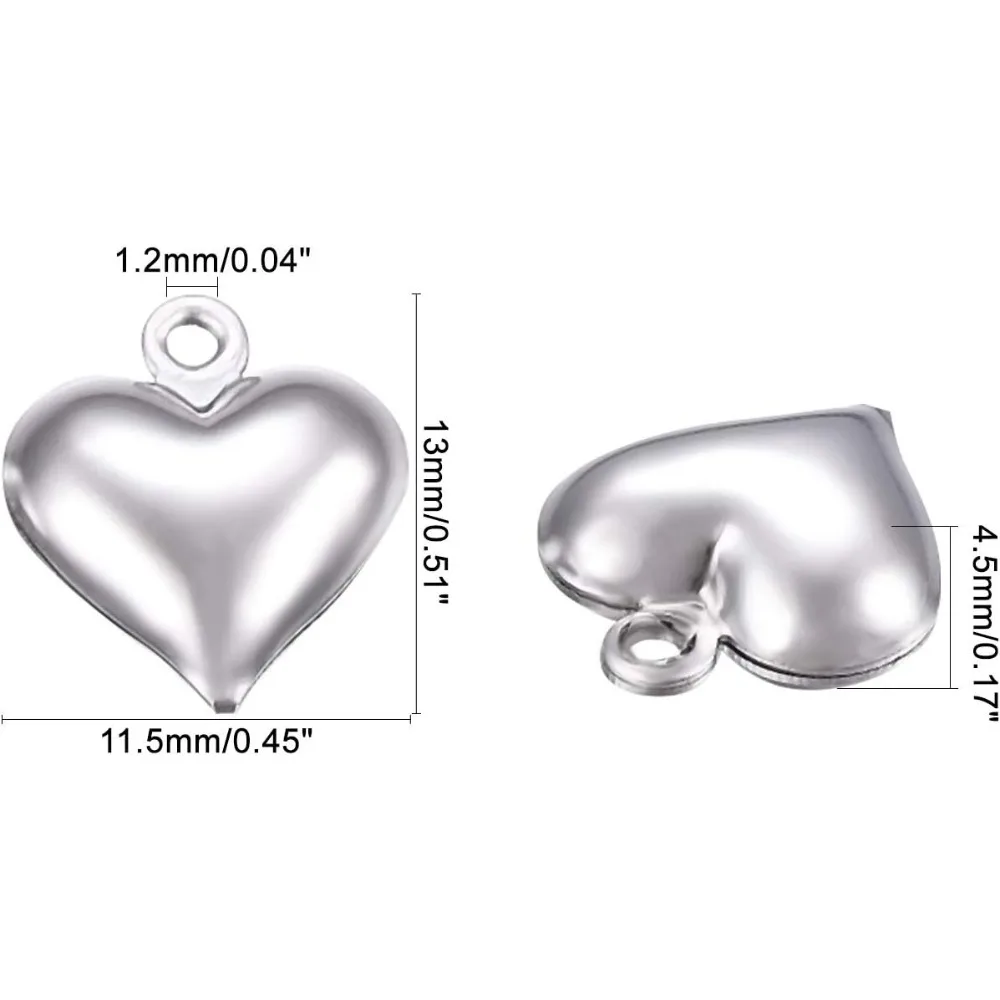 100pcs Puffy Heart Charm Tiny Love Pendant Stainless Steel Charm Hypoallergenic Metal Charm 1.2mm Small Hole for making kit