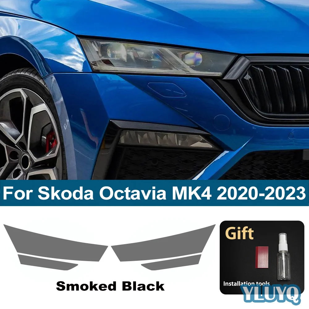 For Skoda Octavia MK4 MK3 2017-2026 TPU PPF High Gloss Smoke Black Pre Cut Car Headlight Protective Film Anti-Scratch Vinyl Wrap