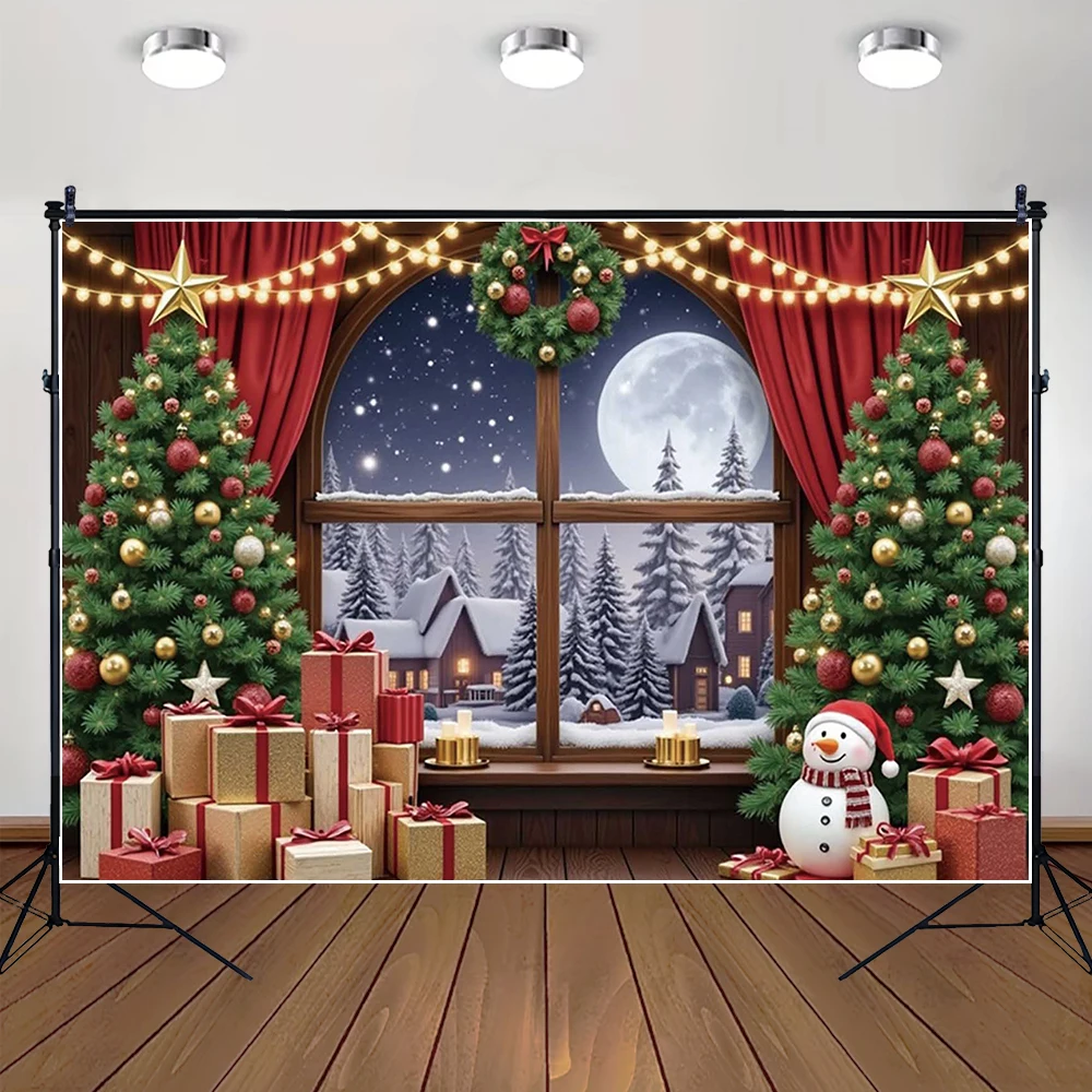 

MOON.QG Window Christmas Backgrounds For Photographs Xmas Trees Snowmen Gifts Backdrop Baby Photo Studio Photobooth Decoration