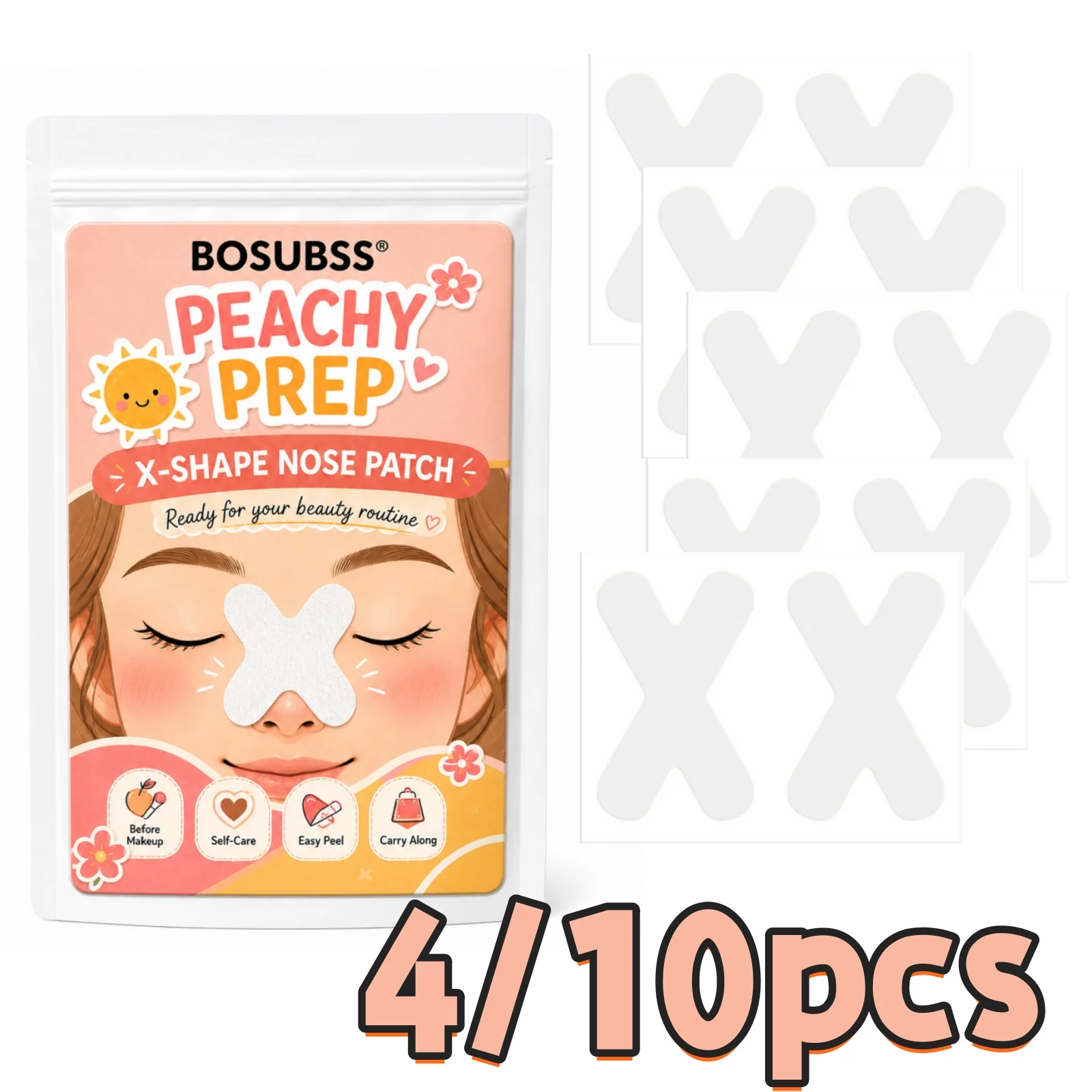 4/10 Pcs X-Shape Nose Patch Set, Peachy Prep Nose Area Care Strips, Easy Peel, Before Makeup, Portable Beauty Routine