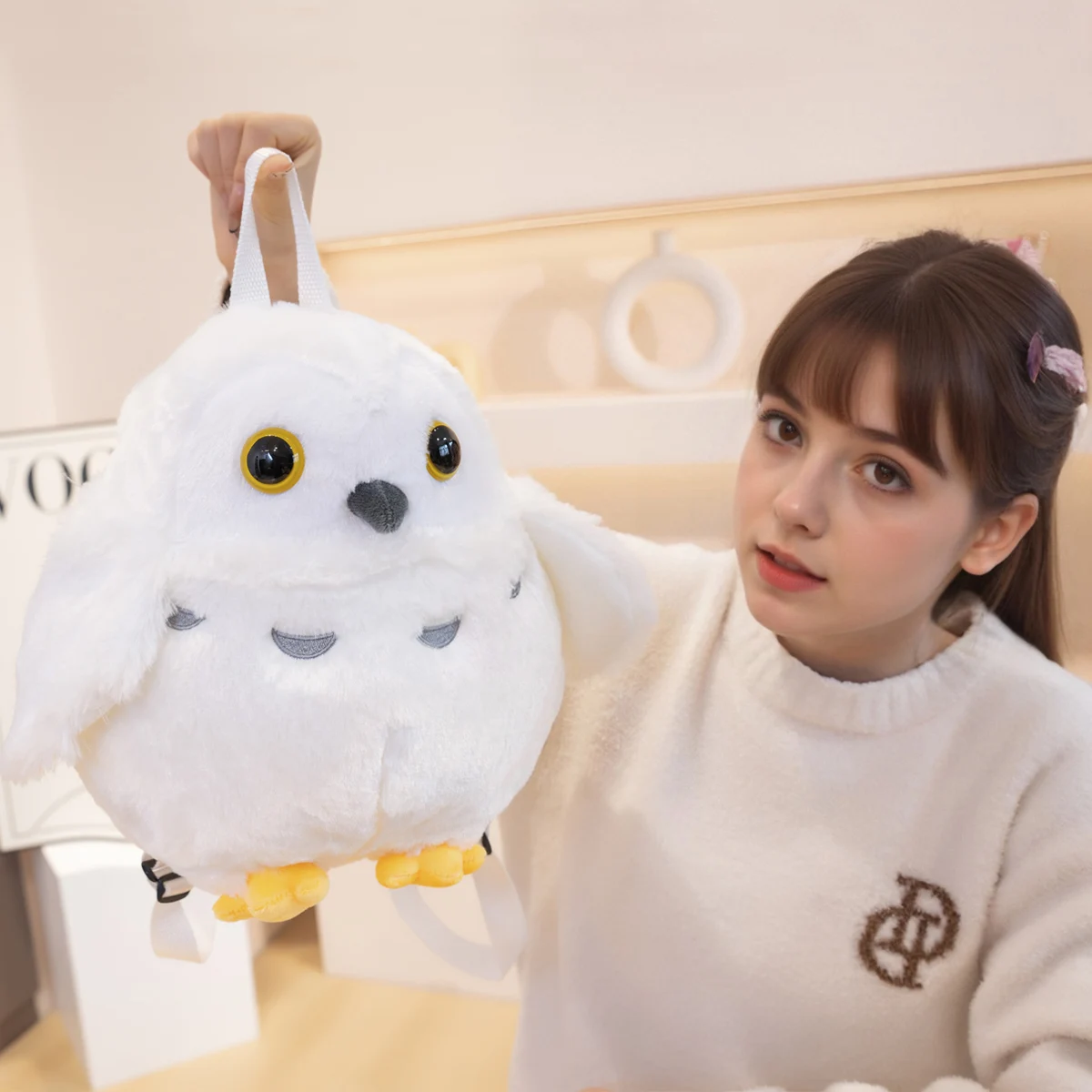 حقيبة ظهر على شكل بومة سحرية بيضاء إبداعية ناعمة ولطيفة، حقيبة كتف مزدوجة من القطيفة للأطفال، حقيبة ما قبل المدرسة للأطفال، ديكور منزلي