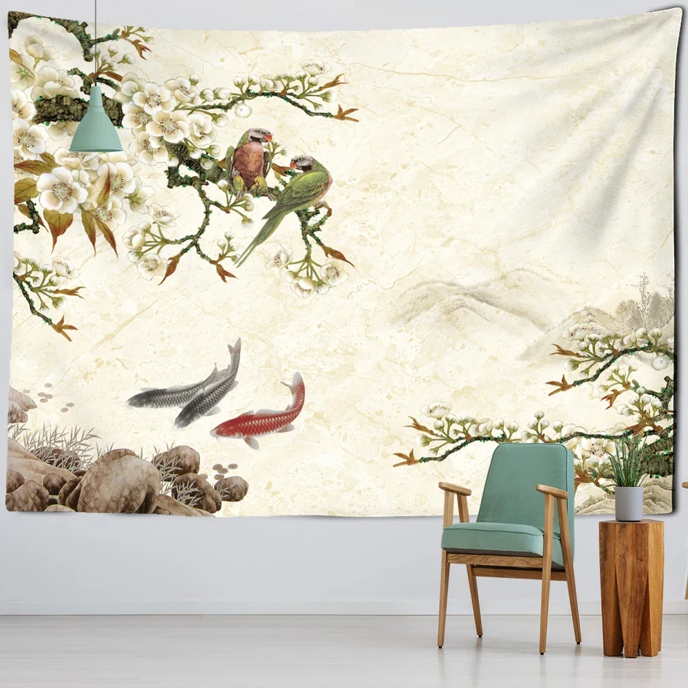 Artistic Conception Flower And Bird Painting Mural Tapestry Bohemian Psychedelic Wall Hanging Bedroom Living Room Home Decor
