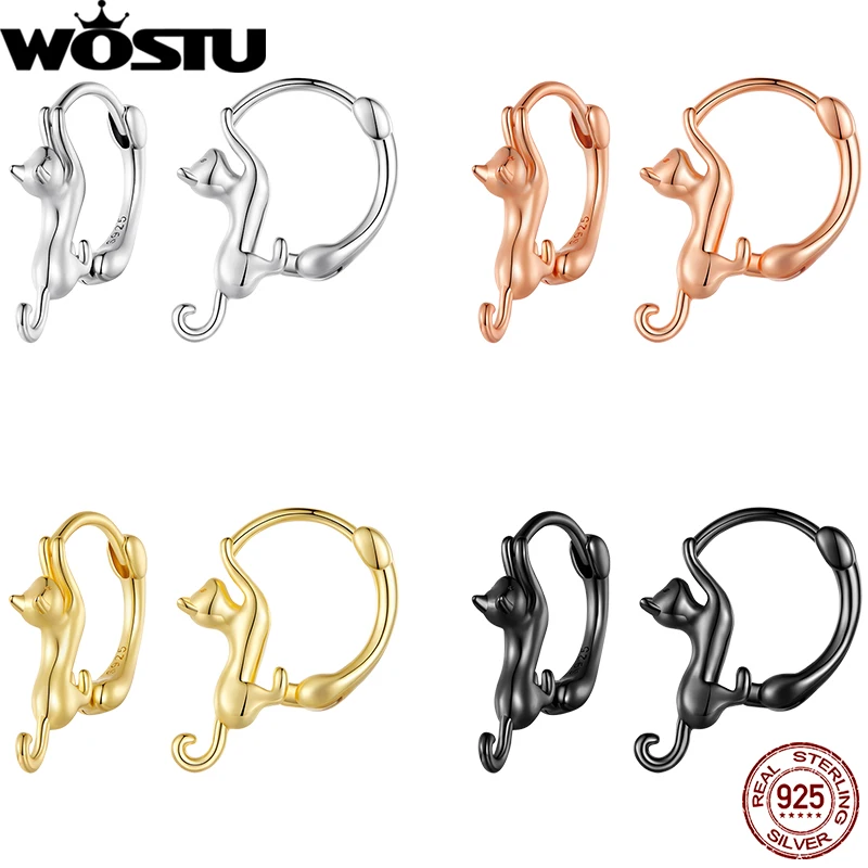 WOSTU 925 Sterling Silver Cute Cat Earrings Oxidation Shining Ear Buckles Hypoallergenic for Wowem Daily Wearing Party Gift