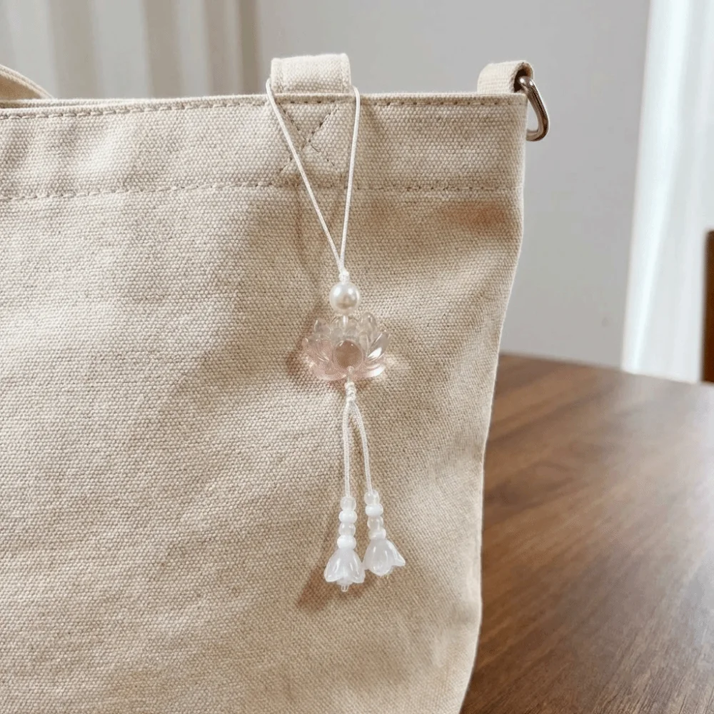 New Vintage Lotus Beaded Key Chains Tassel Detail Solid Color Chinese-style Pendant Lucky Charm Ethnic Mobile Phone Chain Unisex