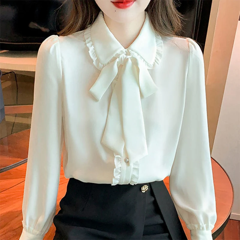 Spring Summer Elegant Fashion White Bow Shirt Women\'s Temperament Button Up Top Ladies Long Sleeve Chiffon Blouse Femme Cardigan