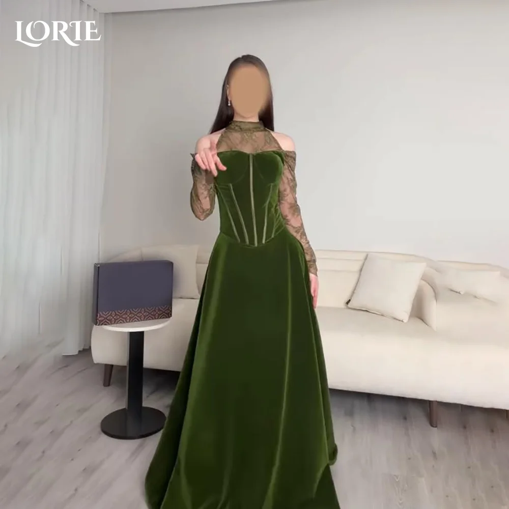 

LORIE Lace Saudi Party Dress High Collar Shiny Puff A-Line Evening Dress Prom Dress Chiffon Illusion Party Gown Club Customized