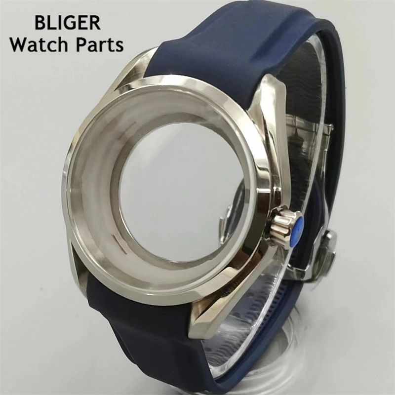 BLIGER 40 مللي متر حافظة ساعة دوارة زجاج الياقوت أسود أزرق حزام مطاطي مناسب لحركة NH35 NH36