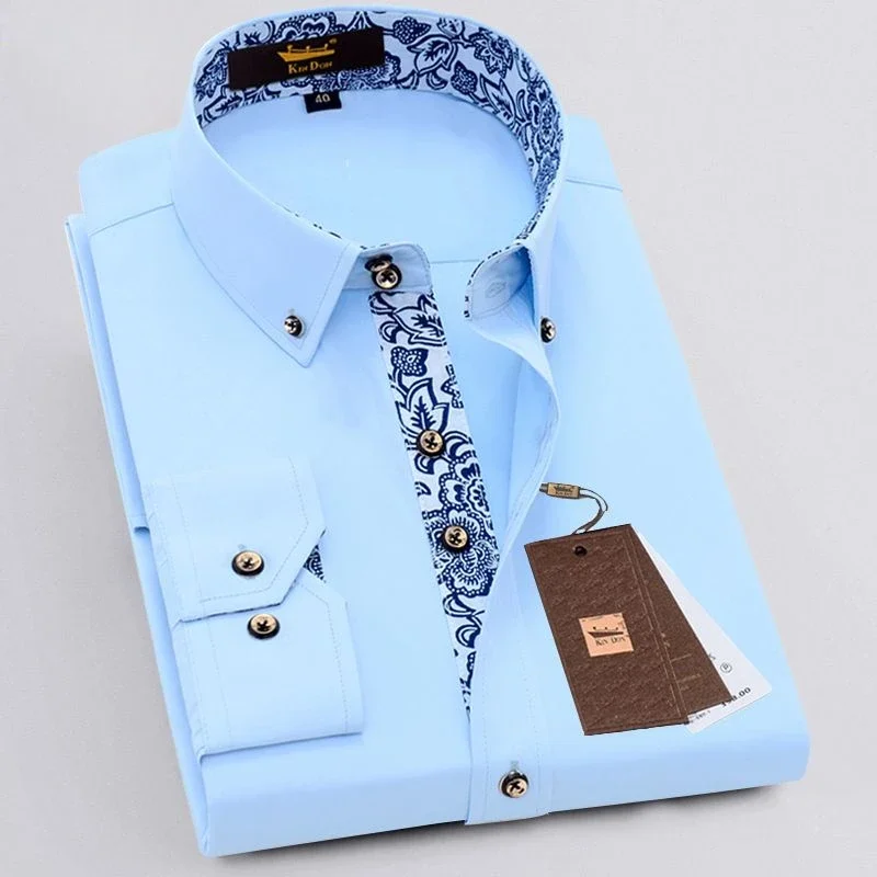 Classic Cotton Casual Shirts Men Long Sleeve Shirt for Business Blue White Porcelain Collar Dress Shirt Fashion Korean Clothing