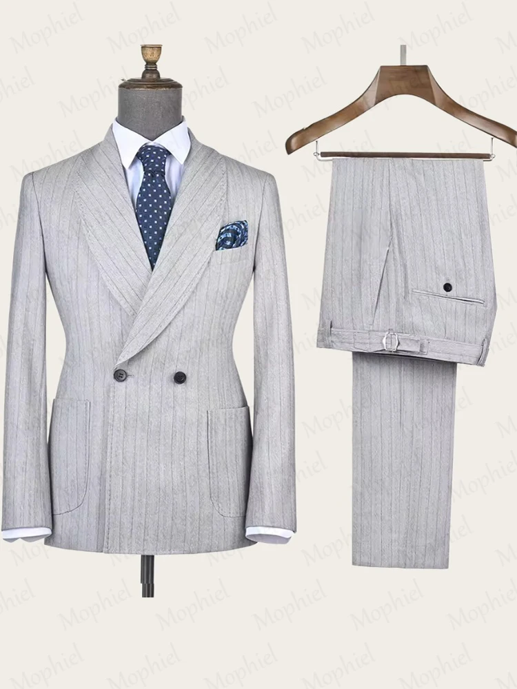 Africa Pinstrip Men's Suits 2 Pieces Peaked Lapel Double Breasted Wedding Suit Tuxdeo Slim Fit Office Business Blazer Customized