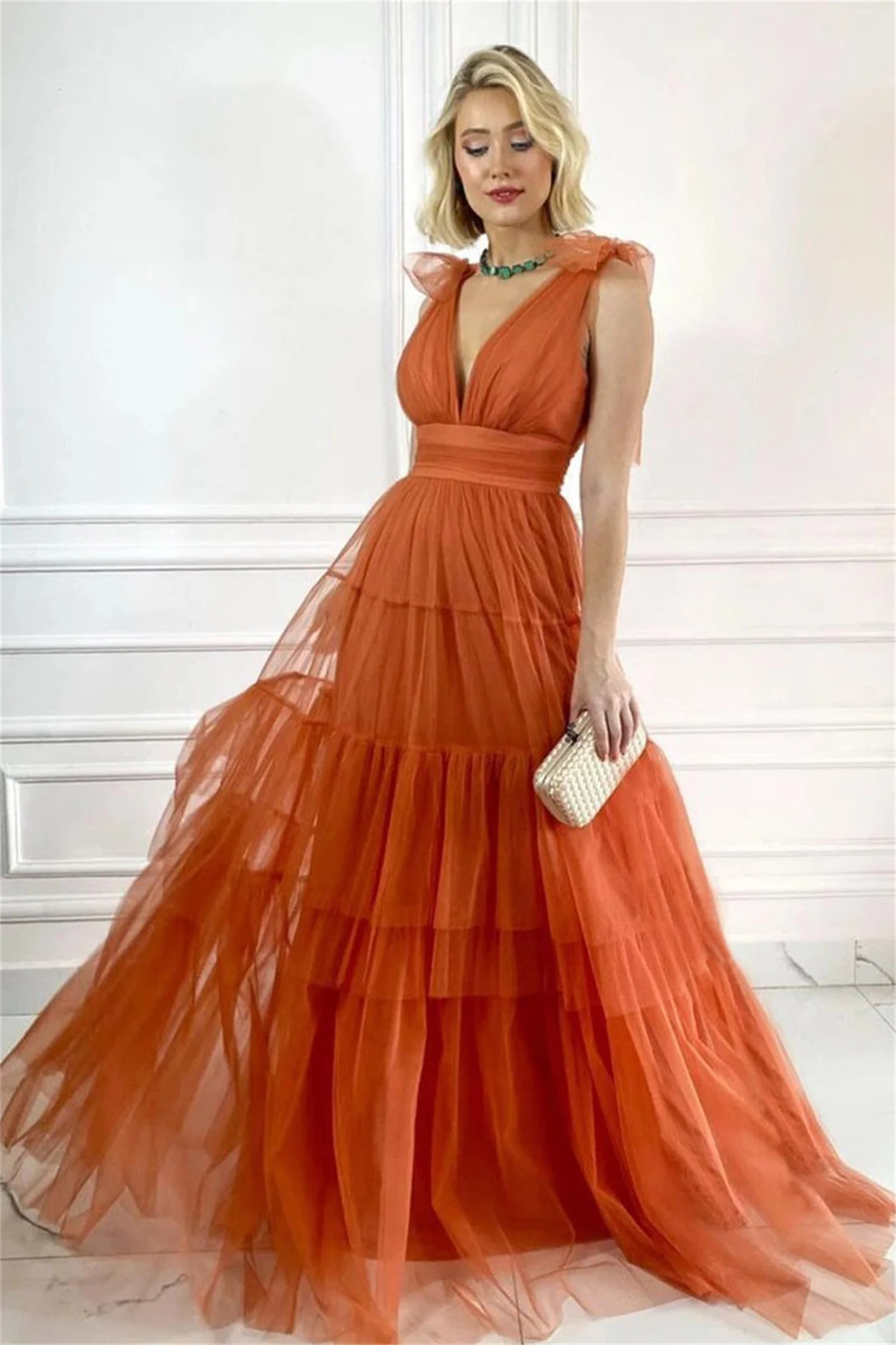 Customized Simple A-line burnt orange tulle long prom dress pleated floor-length evening dress V-neck dress suitable for prom