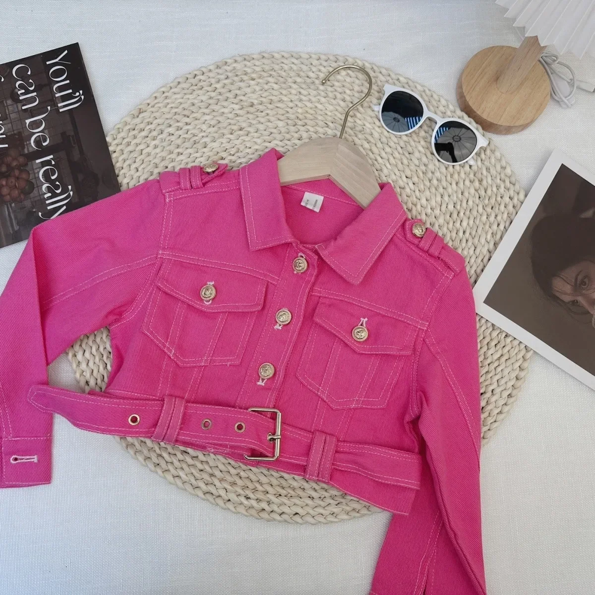 Girls' Rose Red Deinm Coat Spring and Autumn Solid Color Collar Metal Buckle Jacket Children's Fashion Short Coat 100-170CM