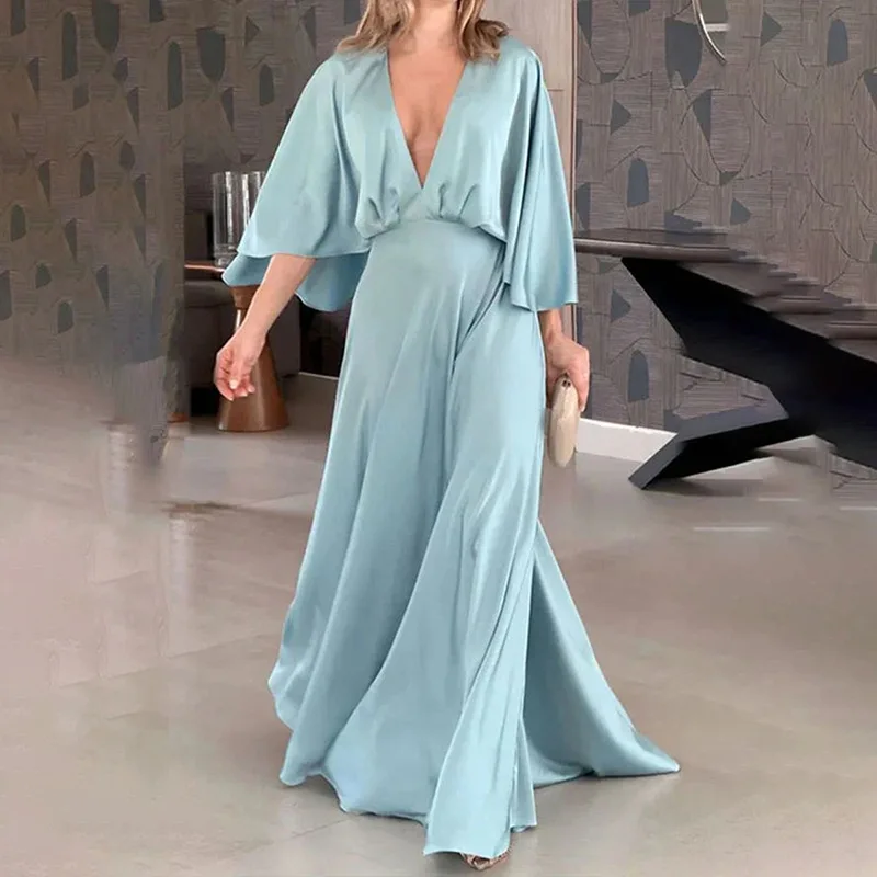 

2025 Spring Summer Season New Arrival Women's Dresses Deep V-neck Long Sleeve Pure Color Fashionable Simple and Elegant Dress