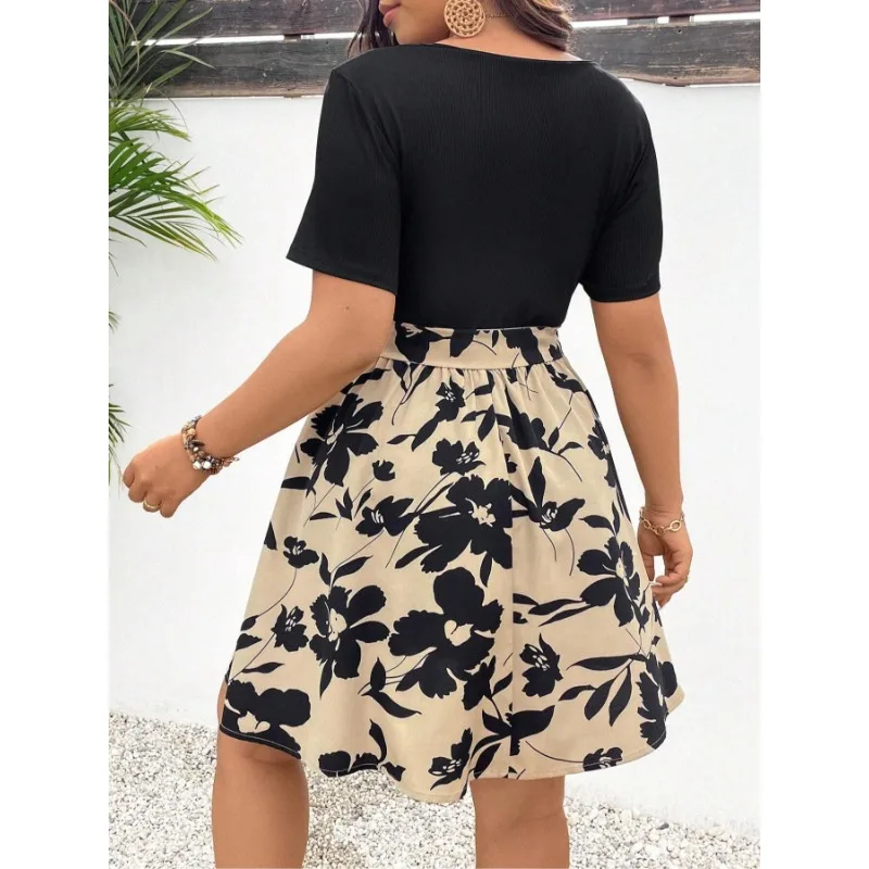 플러스 사이즈 1XL-5XL 여성용 패셔너블한 브이넥 허리 스트랩 드레스 숙녀용 반팔 캐주얼 패치워크 편안한 드레스