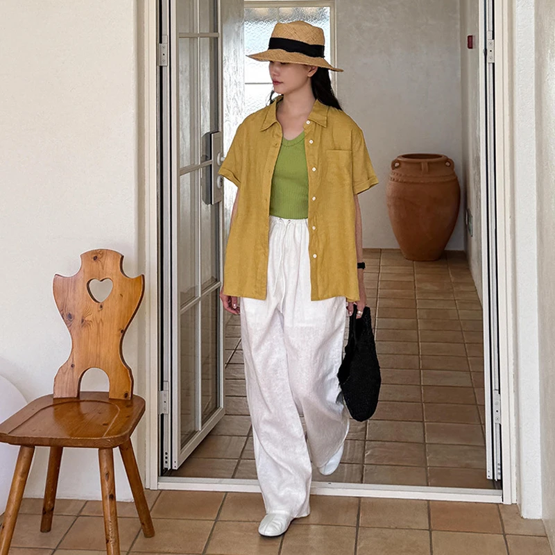 Summer women's solid color drawstring elastic waist wide leg pants lazy casual pants