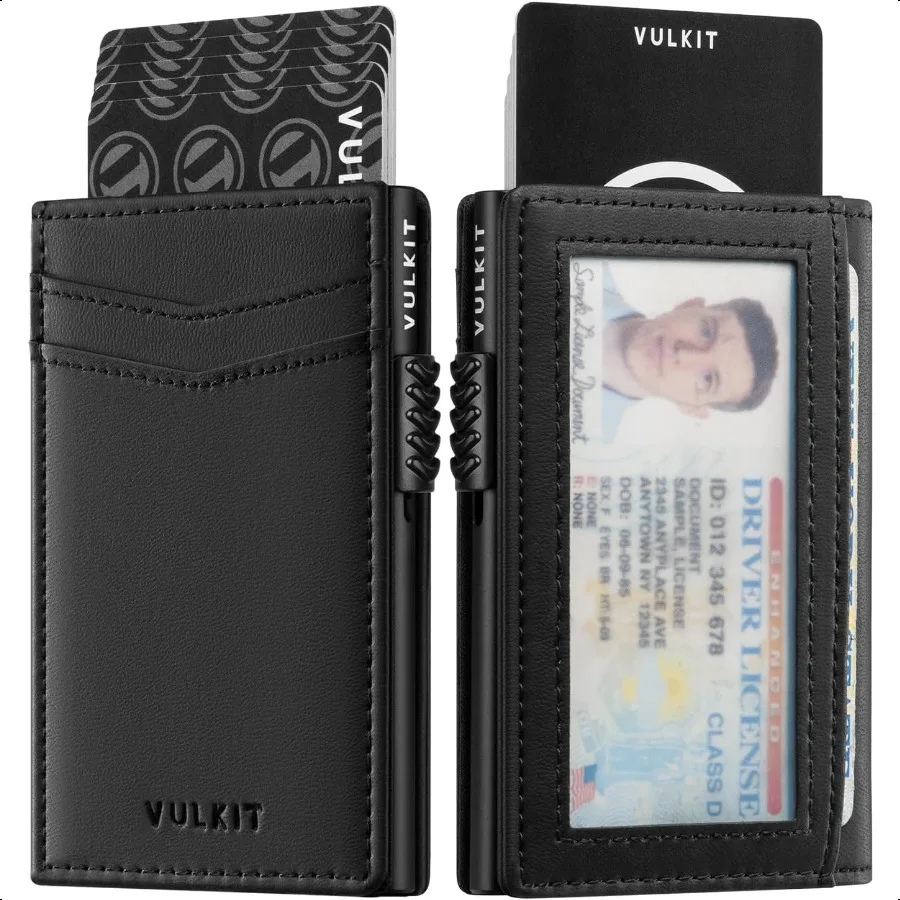 

VULKIT Men's Wallet with ID Window Premium Leather Wallets RFID Blocking Minimalist Wallet Pop Up Card Holder Magnetic Closure