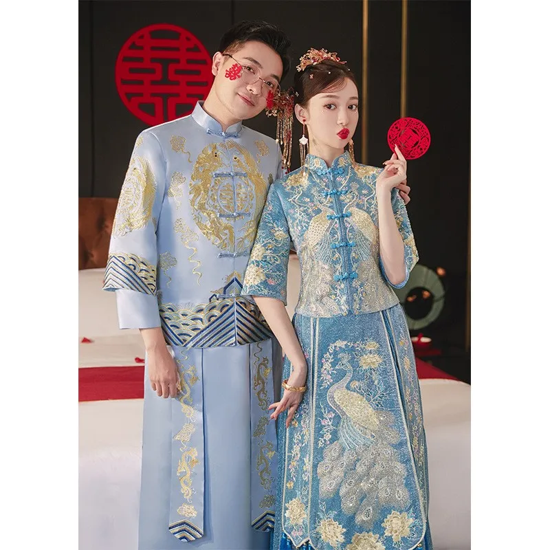 

The high-end blue wedding dress dragon and phoenix gown has been released as a new toasting