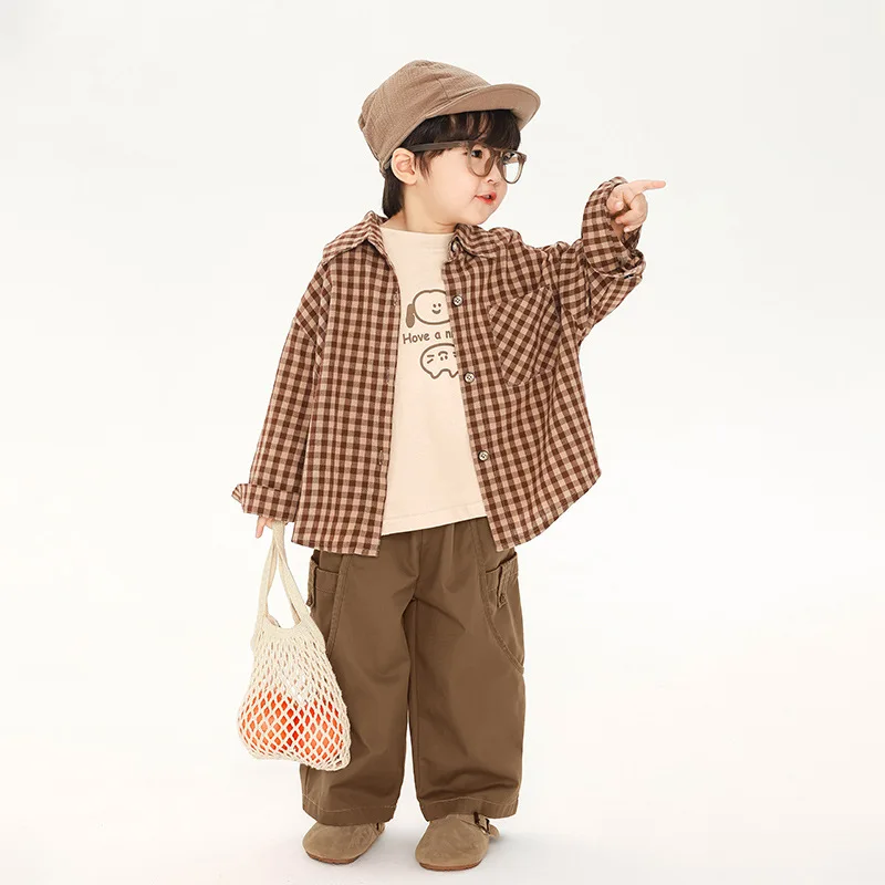 Korean style Boys fashion plaid long sleeve shirts 2024 Spring Fall children turn-down collar cotton shirt casual Tops