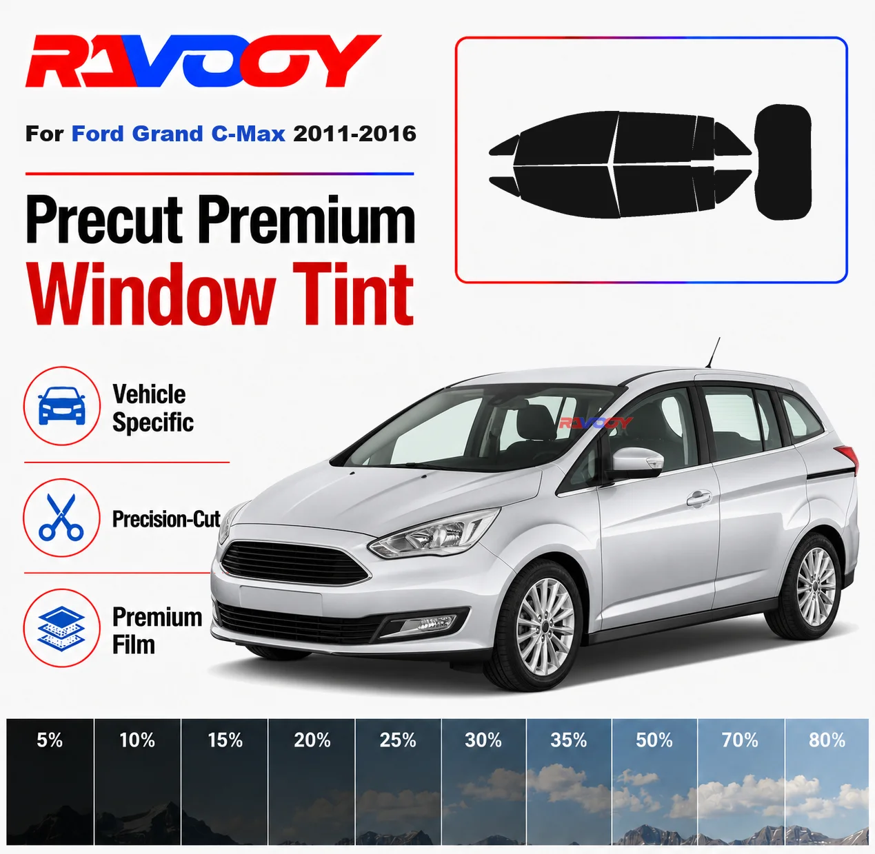 

Premium Precut Window Tint Kit Front Rear Windows Rear Windshield For Ford Grand C-Max 2011-2016 Complete Set Nano Ceramic Film