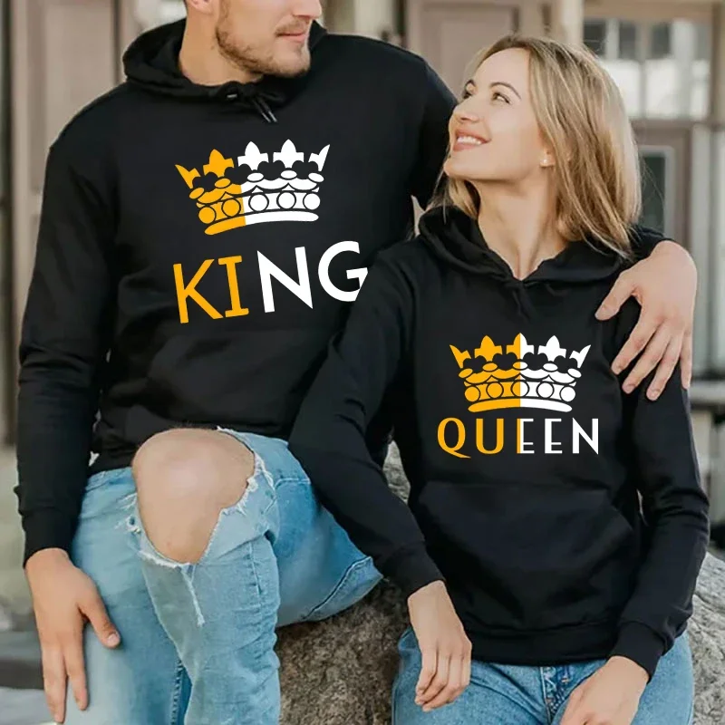 

Matching Hoodies Graphic Color Blocking Print Queen King Crown Unisex Long Sleeve Loose Lover Fleece Hoody Fashion Honeymoon Top