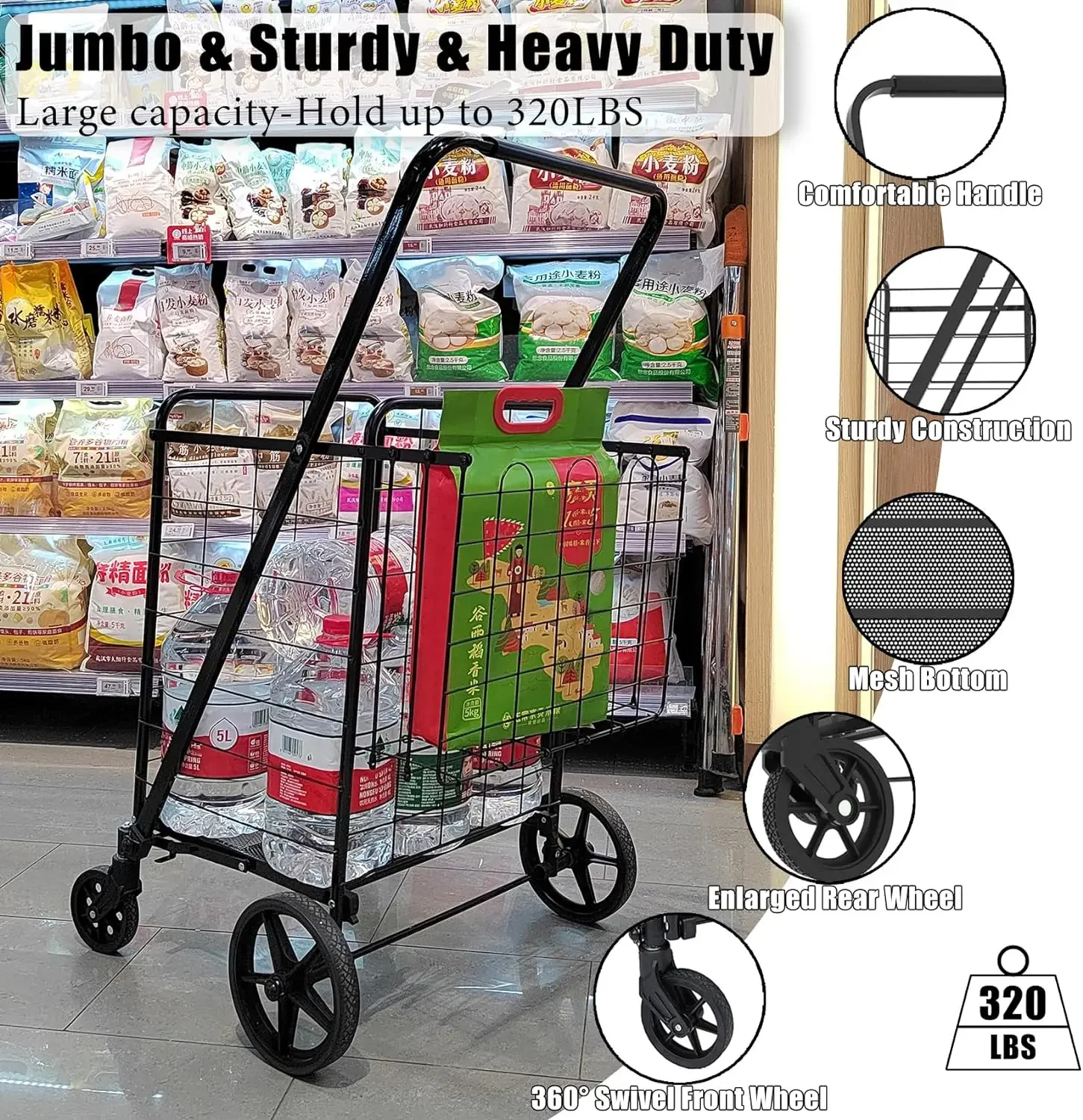 Folding Shopping Cart for Groceries, with 360° Swivel Wheels & Waterproof Bag, Portable Heavy Duty Grocery Cart