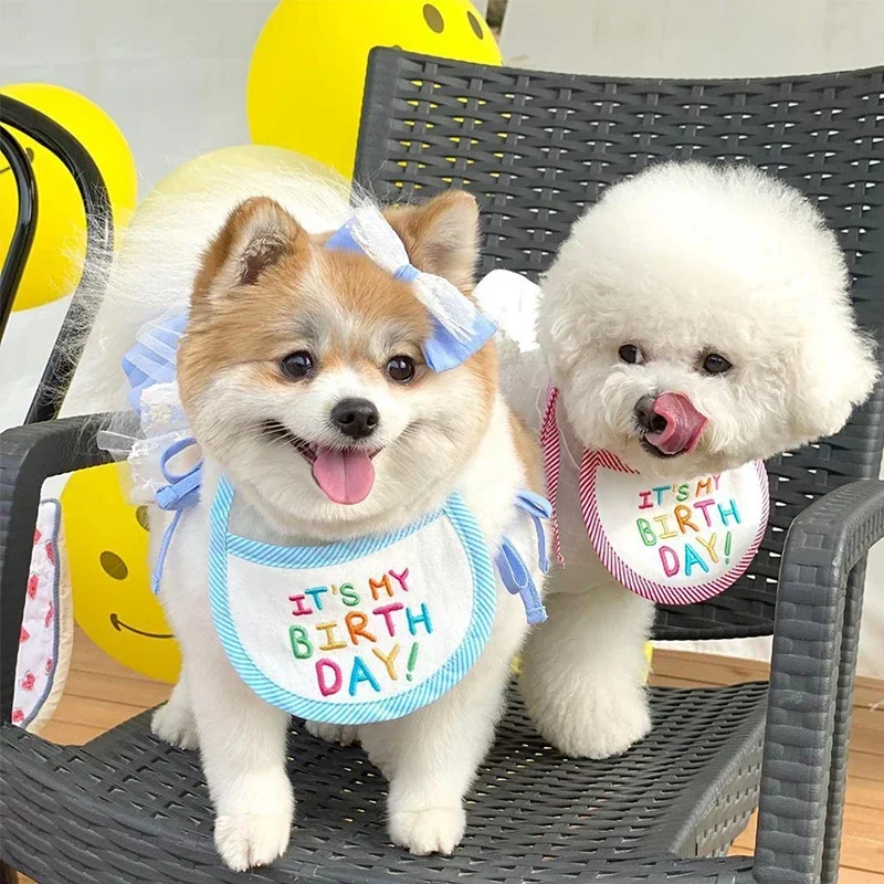 Fashion Birthday Set Pet Dog Bandana Cat Puppy Kerchief Pet Dog Accessories Pet Embroidery Neckerchief Scarf Saliva Towel PC1749