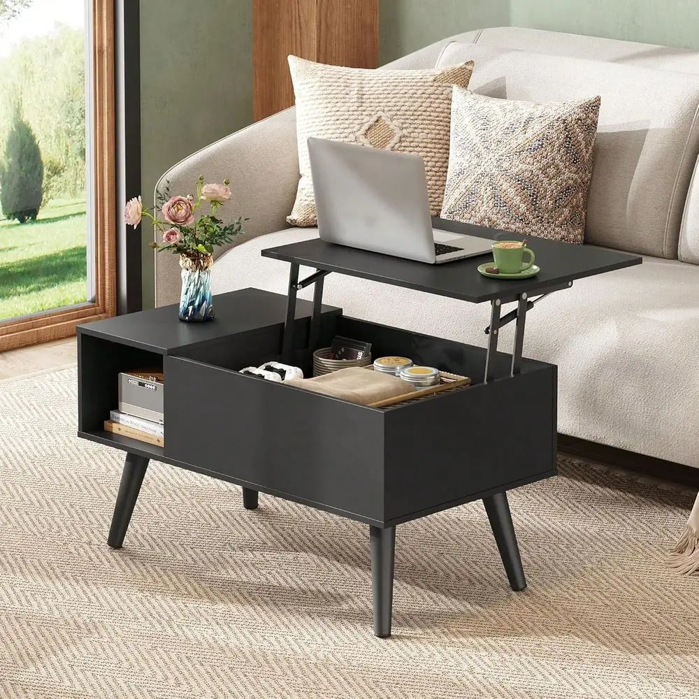 Table For Living Room, Small Coffee Table With Storage, Lift Top Modern Wooden Dining Center Table With Storage Shelf Hidden Co