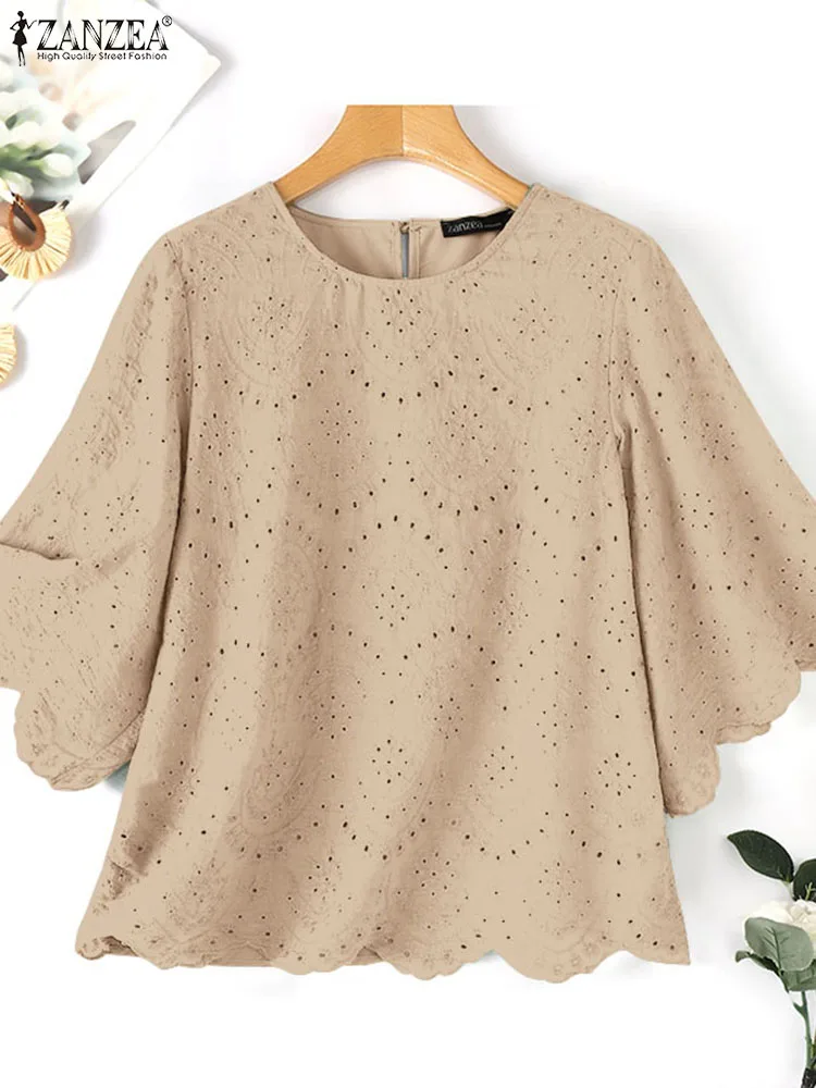 2024 ZANZEA Summer Half Sleeve Floral Embroidery Blouse Women Fashion Loose Holiday Tops Casual Lace Crochet Shirt Solid Blusas