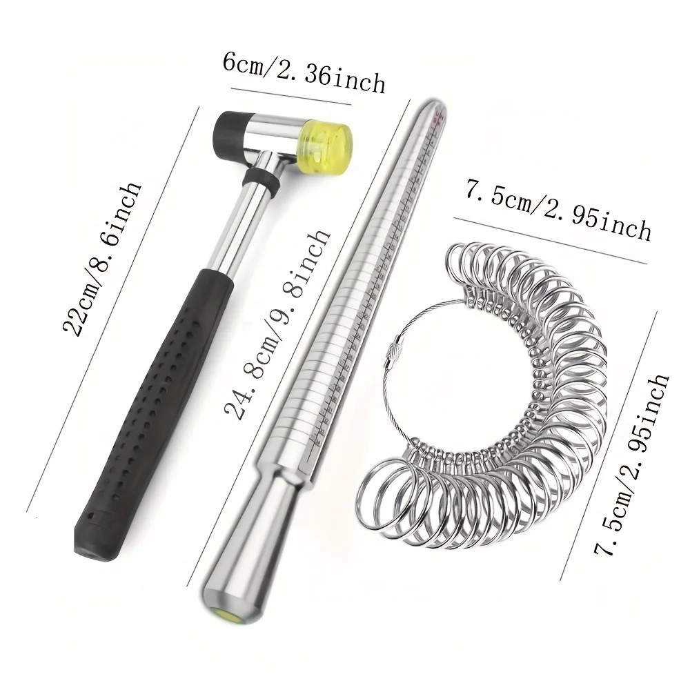 Ring Resizing Shaping Tool Kit, 4‑Scale Ring Mandrel, Double‑Face Mallet Hammer & Ring Sizer Gauge for Jewelry Repair Making