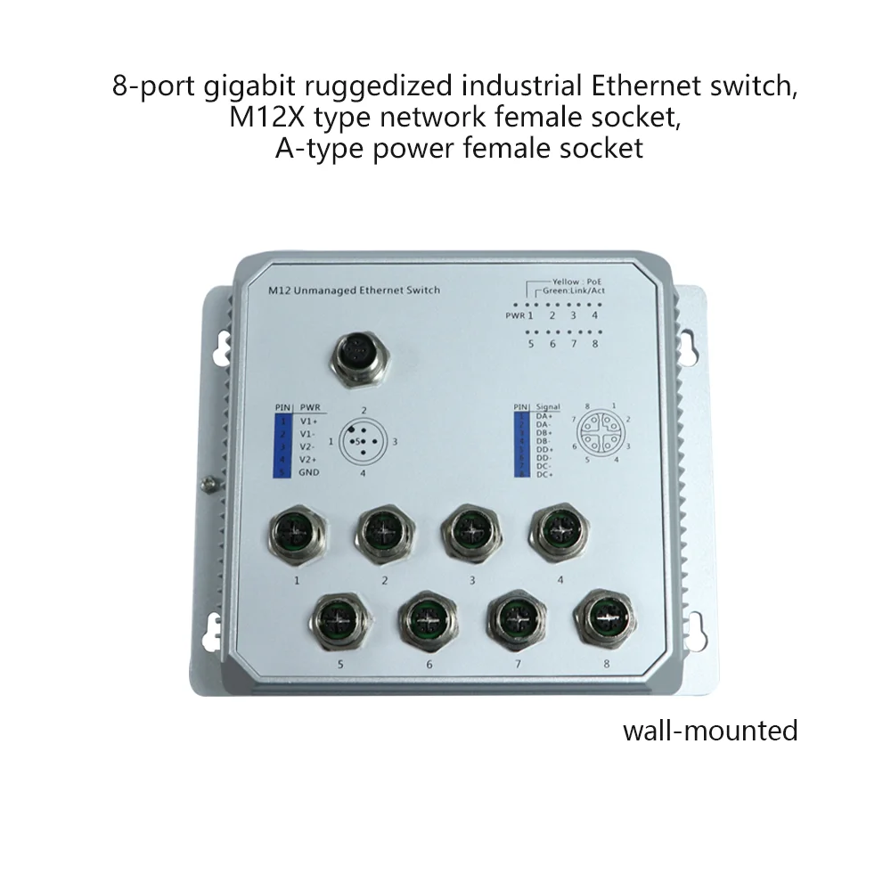 Ruggedized 8-Port Gigabit Ethernet Switch with M12 Aviation Head for Industrial Use