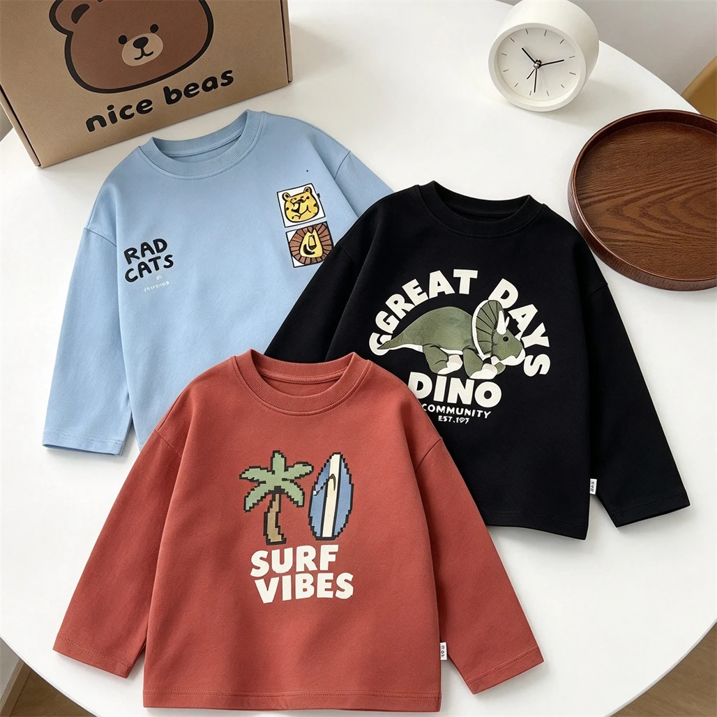 Cartoon Animals Print T-shirt Crewneck Bottoming Shirt Casual Sports Wear Baby Simple All-match Tees Cute Long-sleeved Tops