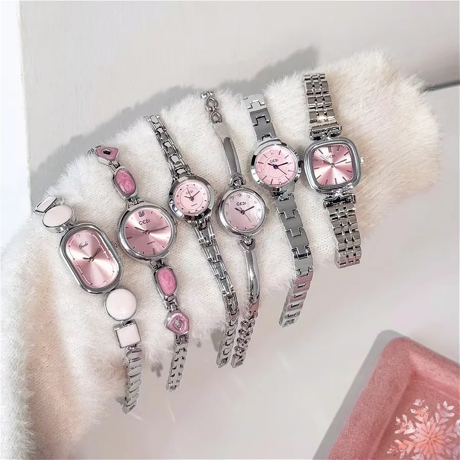 GEDI Women's Quartz Watch Pink Dial Silver Strap Gather Fashion Casual Style Chain Steel Design Simple Lady Clock Bracelet Gift
