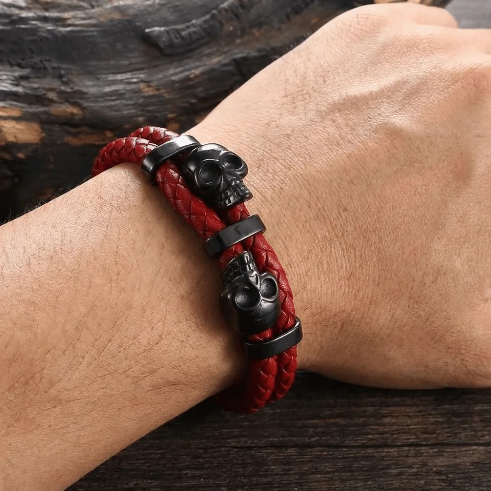 Multi-layer Leather Braided Bracelets Punk Style Unique Skull Wristband Delicate Comfortable Magnetic Hand Chain Gentleman