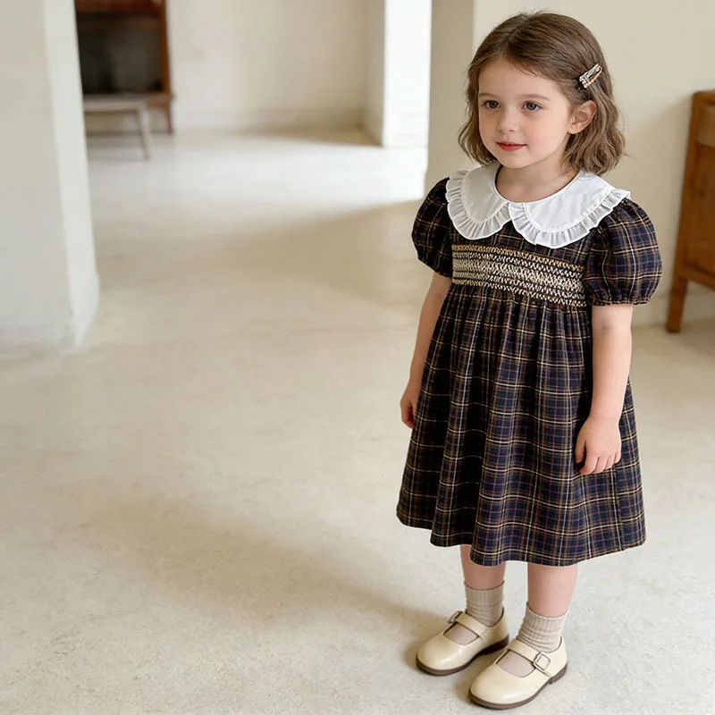 

Summer Girls Dress Spanish Style Doll Collar Shirred Plaid Dress Thin Korean Style Baby Cute Princess Casual Daily Party Outfits