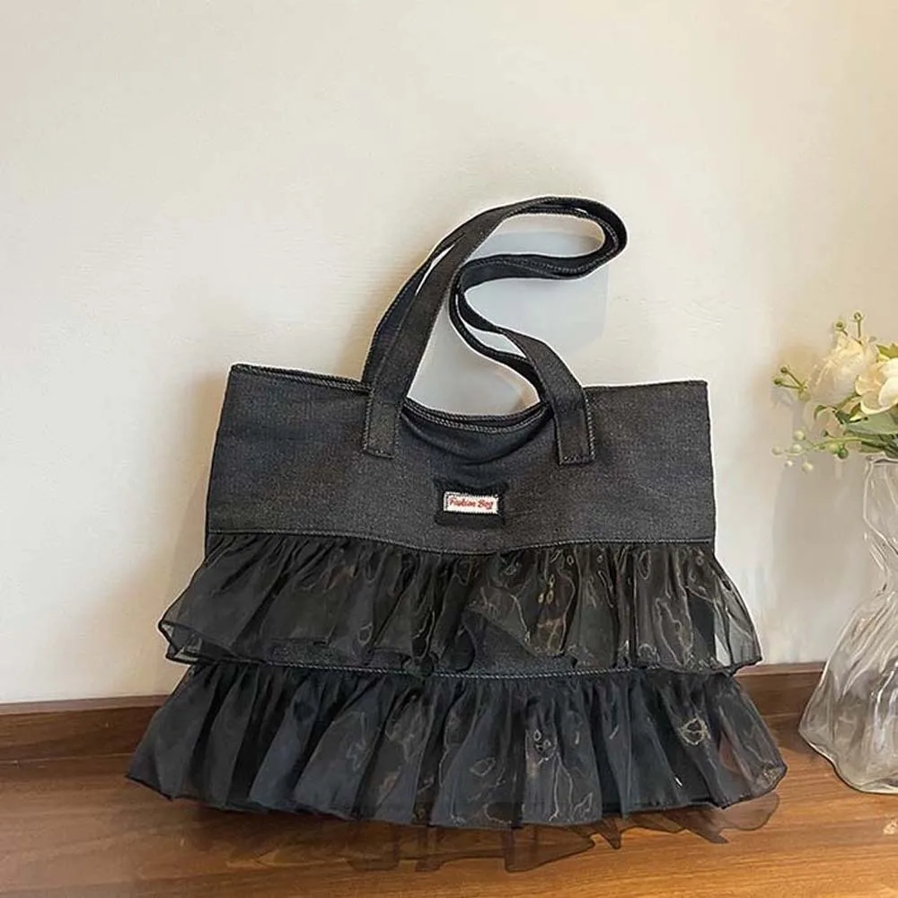 حقيبة التخزين المحمولة الدنيم الأزرق حمل حقيبة سعة كبيرة الكورية نمط الدنيم الدانتيل حقيبة يد تنوعا الأسود تحت الإبط حقيبة الصيف