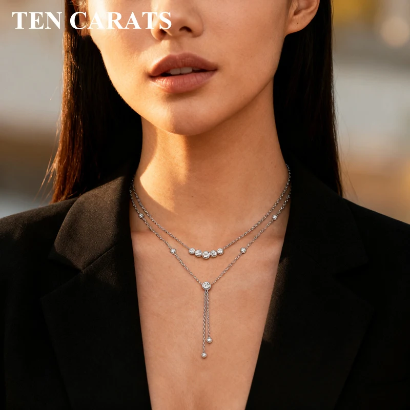 

TEN CARATS Elegant Moissanite Necklace for Women, Silver Chain Jewelry with Sparkling Stones, Luxury Gift for Anniversary Party