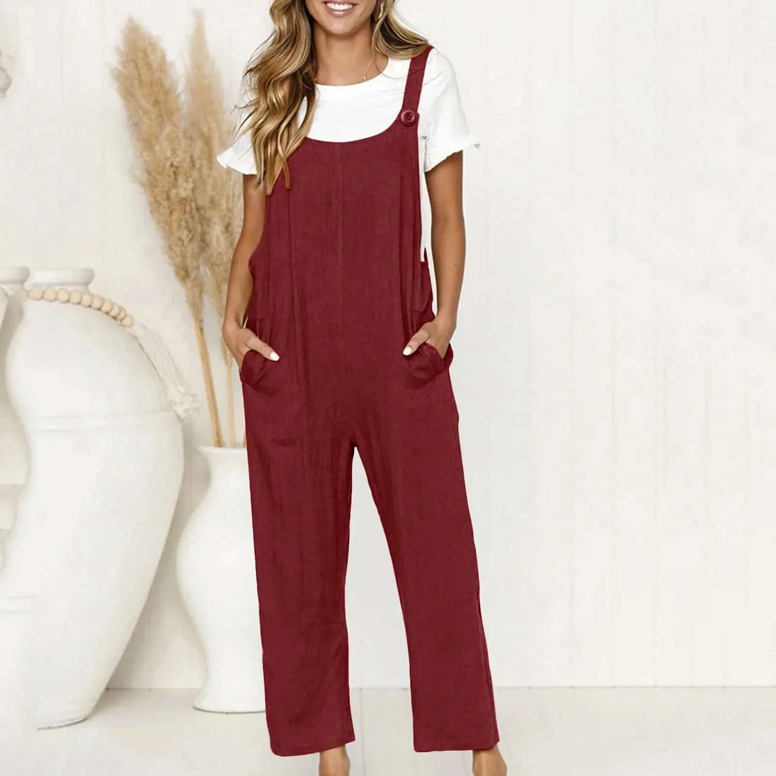 

Large Size Linen Women Jumpsuits Casual Vintage Solid Color Sleeveless Adjustable Straps Loose Jumpsuit Bib Overalls For Women