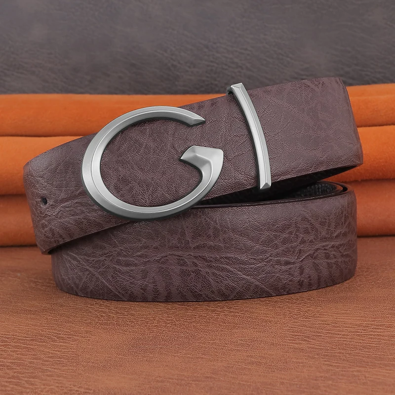 Men Designer Casual Fashion Smooth Buckle Leather belts High Quality Luxury Famous Brand young Jeans Coffee Genuine Leather Belt